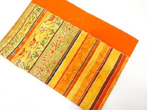 未使用品　金彩　横段に花鳥模様　紬　名古屋帯